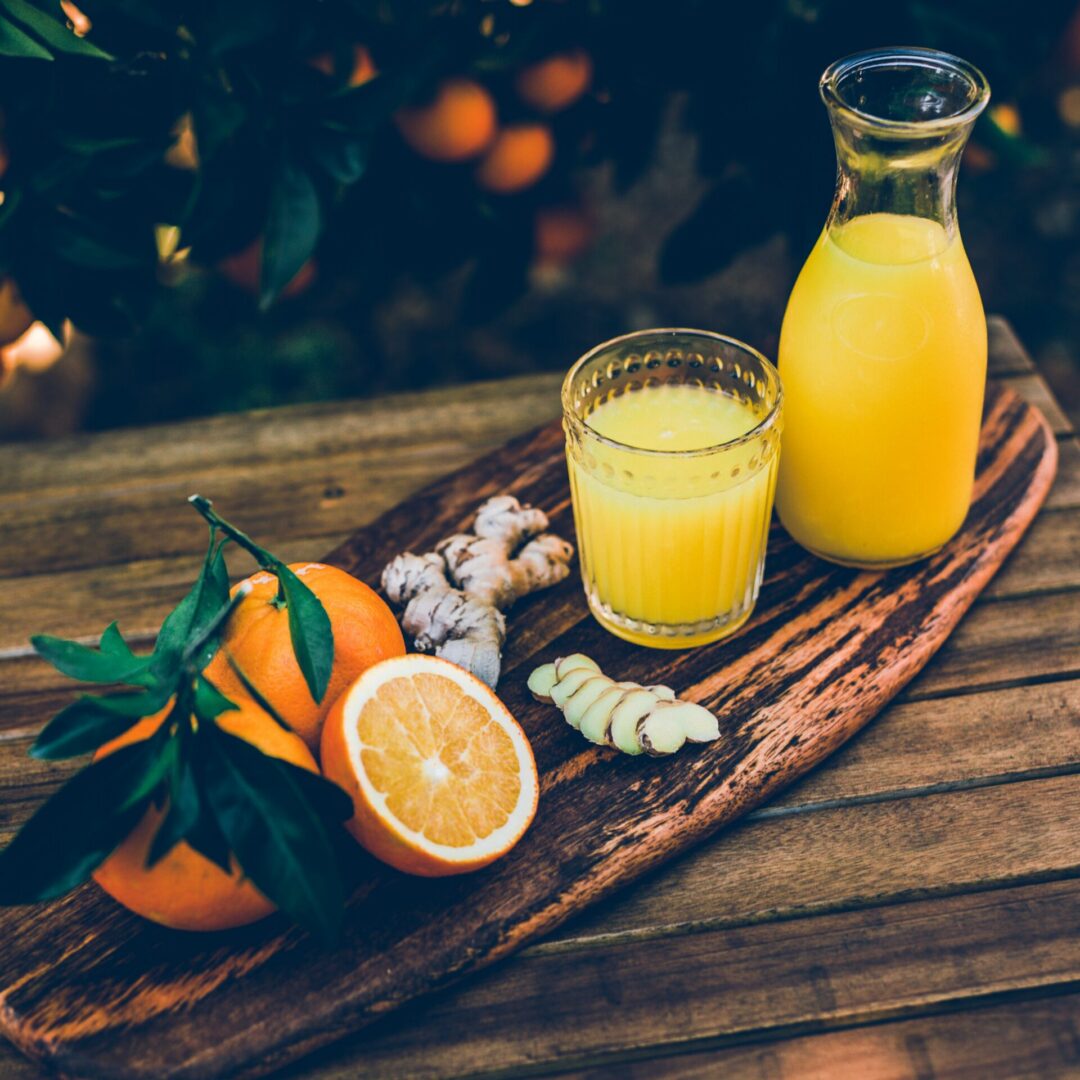 Citrus and ginger on wooden board
