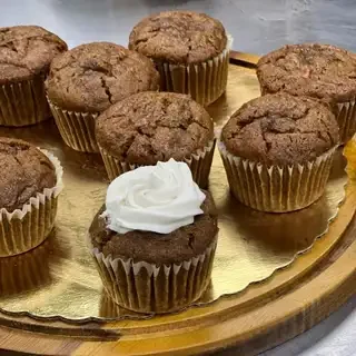 Freshly baked chocolate muffins display
