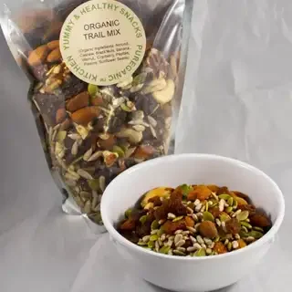 Bowl and bag of trail mix