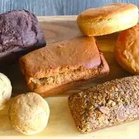 Assorted baked goods on wooden board